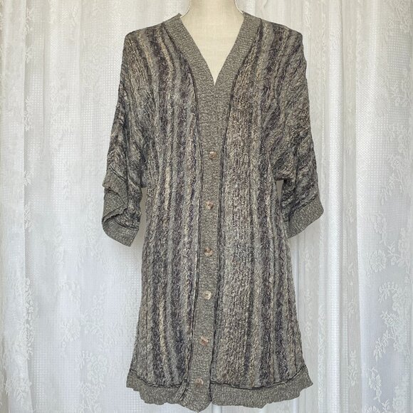 Peruvian Connection Women's Cardigan Large Short Sleeve Gray Knit Long V-Neck - Picture 1 of 7